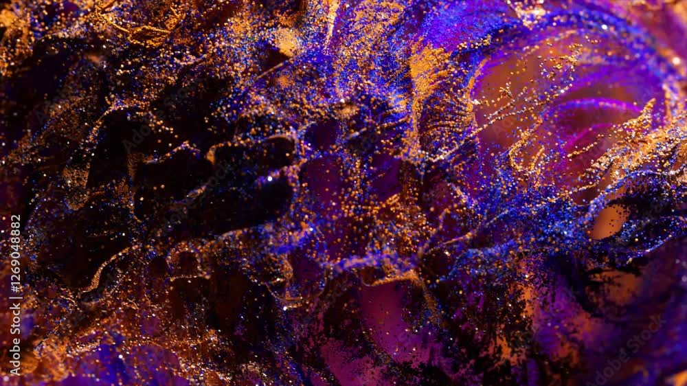 Poster golden and blue particles are mixing in a purple liquid, creating beautiful swirling patterns and te