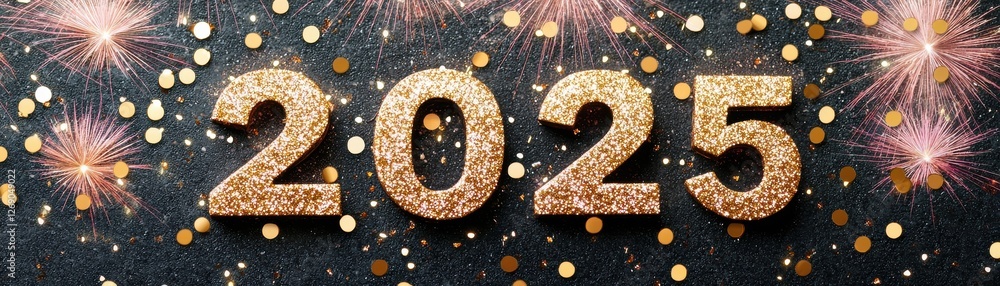 Poster glittering new year celebration symbolizing transition to 2025 with festive background and sparkling