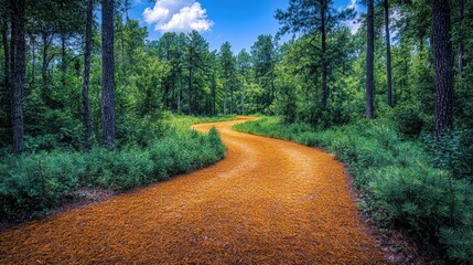 Serene Forest Pathway with Vibrant Orange Trail in Lush Green Woodlands
