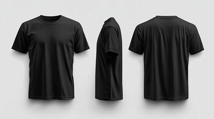 Black t-shirt displayed from three angles on a neutral background, ideal for fashion marketing