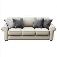 Fototapeta premium Plush three-seater sofa with throw pillows isolated on white