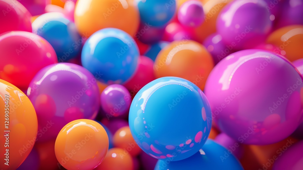 Poster 3d rendering of a colorful array of glossy spheres. the spheres are in various shades of blue, pink,