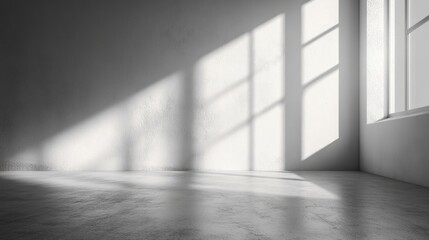 Bright and minimalistic interior space showcasing light and shadows from large windows