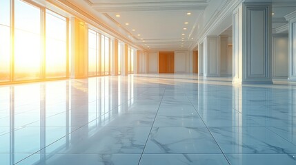 Bright and spacious empty interior with glossy marble floors, large windows, and sunset view