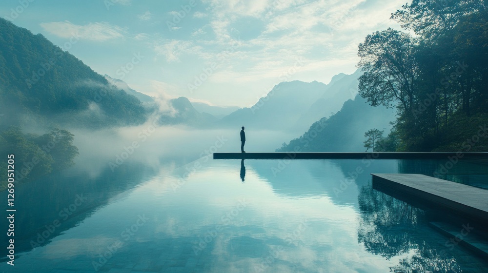 Poster a man stands calmly by a serene lake, surrounded by towering mountains and mist. the early morning l