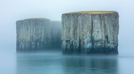 Majestic Foggy Seascape with Towering Cliffs in Soft Light