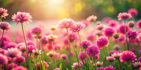 Obraz premium Miniature Pink Flower Meadow, Tilt-Shift Photography, Blooming Spring Flowers