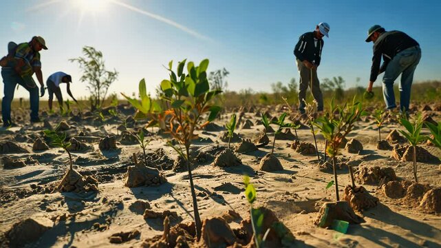 World Day to Combat Desertification and Drought, June 17. Hope grows as volunteers plant trees in desertifying land, sun overseeing