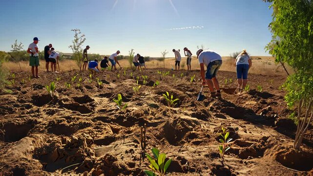 World Day to Combat Desertification and Drought, June 17. Volunteers combat desertification by planting trees in sandy area, sun high