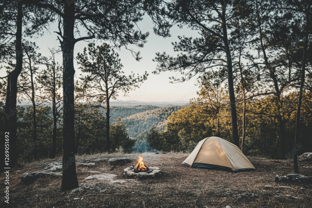 Poster camping in a serene forest clearing with a tent and campfire at dusk. generative ai