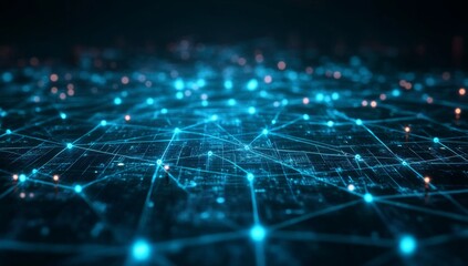 Futuristic city network glowing, nodes connected, dark background, tech concept