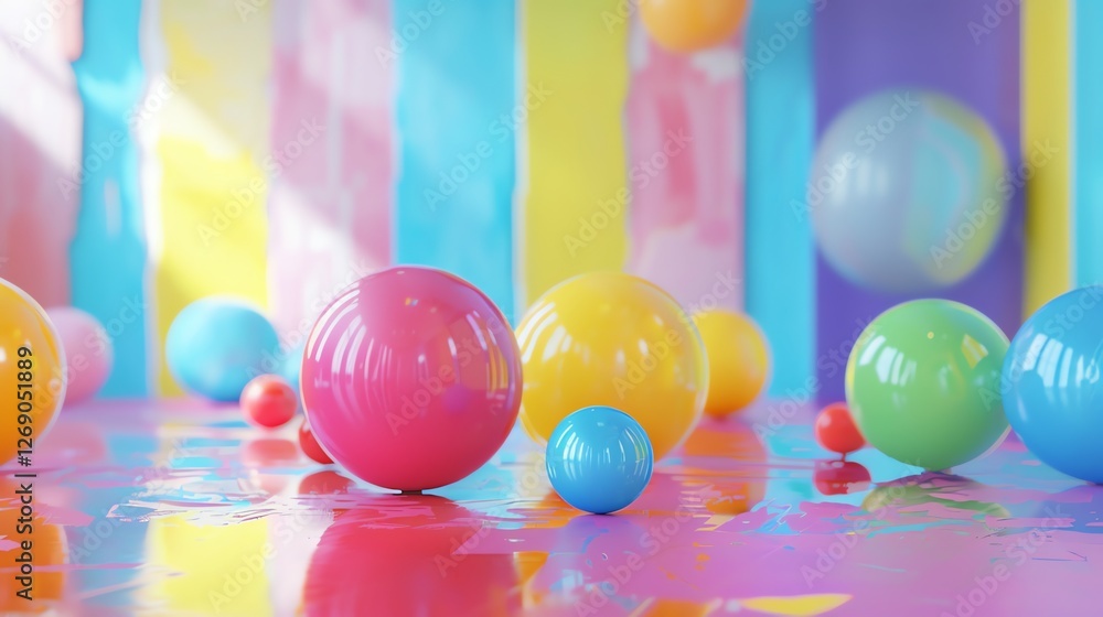 Poster 3d rendering of a colorful abstract background with a glossy floor and a variety of brightly colored