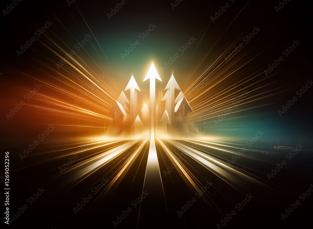 Poster Five silver arrows point upward in a dark background with streaks of light radiating from them.