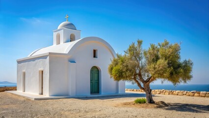 Obraz premium Cyprus Church, Minimalist Photography: Small Whitewashed Chapel, Mediterranean Island, Scenic Village, Religious Architecture, Peaceful Landscape