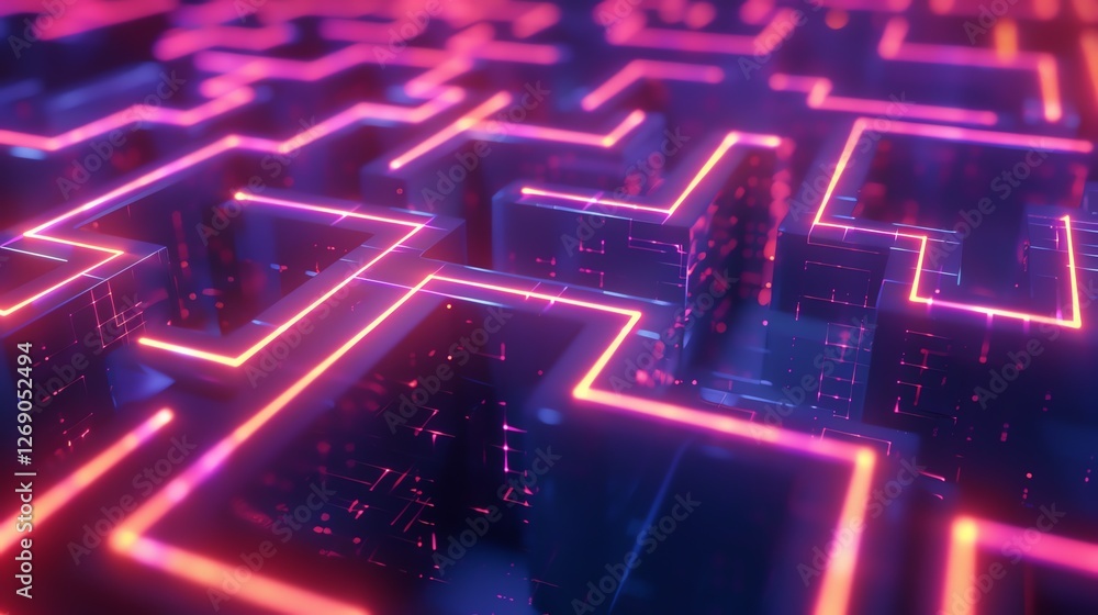 Poster 3d rendering of a maze-like structure with glowing pink and blue neon lights.