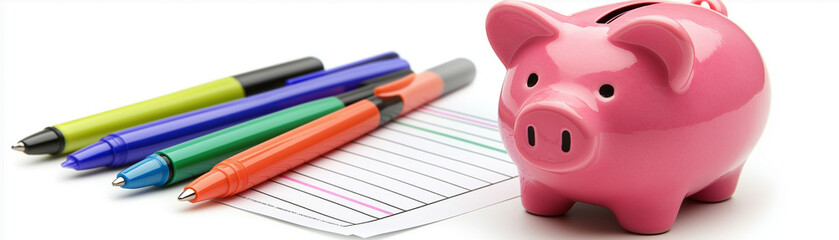 Fototapeta premium Piggy bank beside financial planning documents and pens, showing the connection between saving