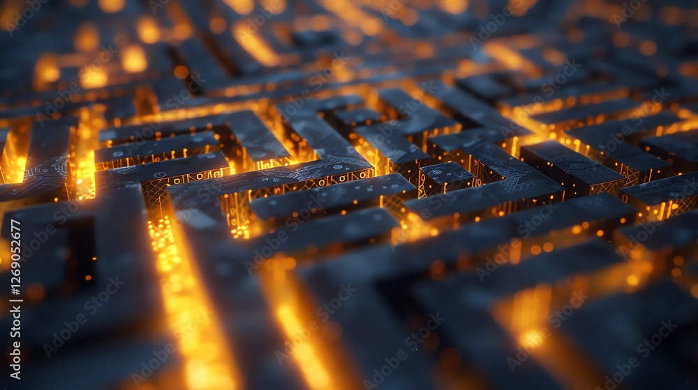 Poster 3d rendering of a futuristic circuit board with glowing orange lights.