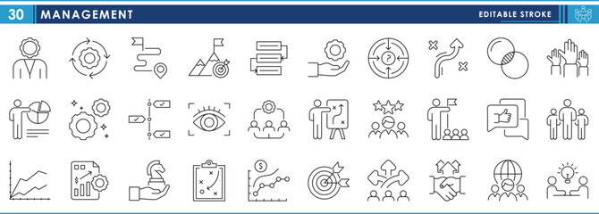A set of line icons related to Management. Business, people, strategy, unity, idea, mobilization, leadership, and so on. Vector editable stroke.