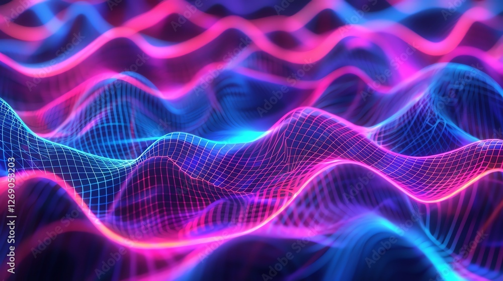 Poster this is a beautiful image of a glowing pink and blue wave. the wave is made up of tiny particles tha