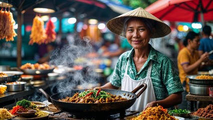 A warm and inviting portrait of a nasi goreng seller, a traditional Indonesian street food vendor, standing behind a wok of freshly cooked fried rice.