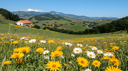 Obraz premium Yellow and white wildflowers bloom in a green mountain meadow under a clear blue sky in summer.