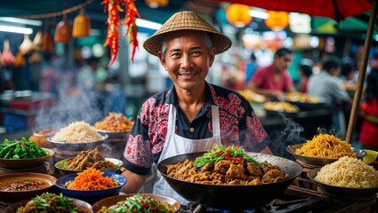 A warm and inviting portrait of a nasi goreng seller, a traditional Indonesian street food vendor, standing behind a wok of freshly cooked fried rice.