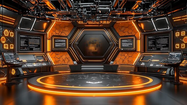 Futuristic control room; orange neon; digital displays; space station backdrop; virtual set