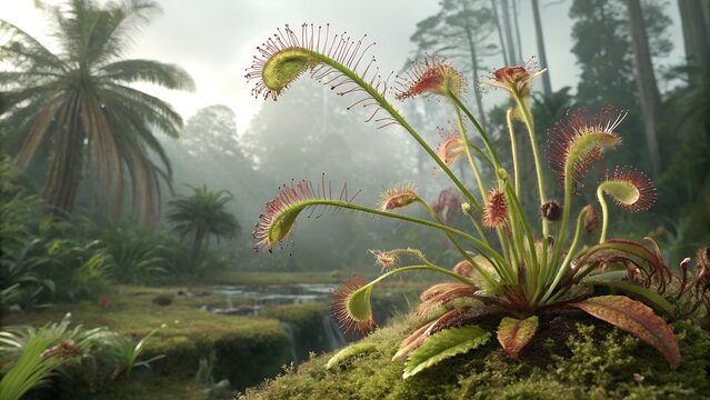 Venus Flytrap in the Rainforest: A Venus flytrap plant with its distinctive red-tipped traps and green leaves stands out against a misty rainforest backdrop.