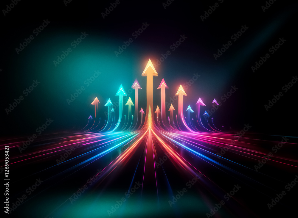 Poster Multiple glowing arrows pointing upwards in different colors are illuminated on a dark background.