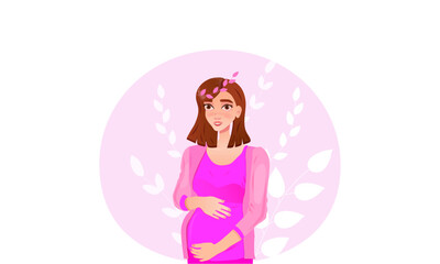  Pregnant woman, healthy mom, pink dressed, with brown hair, and eyes, on a floral background. Vector illustration, banner template.