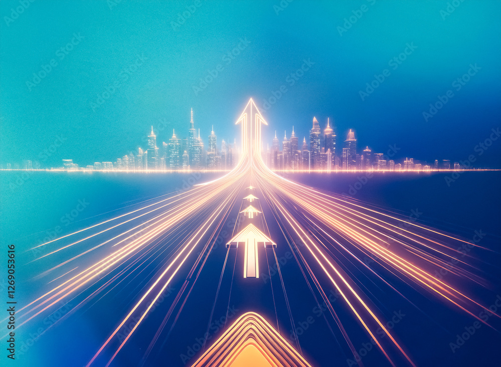 Poster A glowing arrow points upward above a cityscape with multiple streaks of light converging towards it.