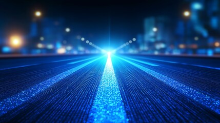 Futuristic highway, city night, glowing lines, data flow, technology