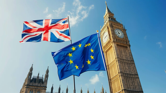 European Union EU and UK British Union flag in London city.