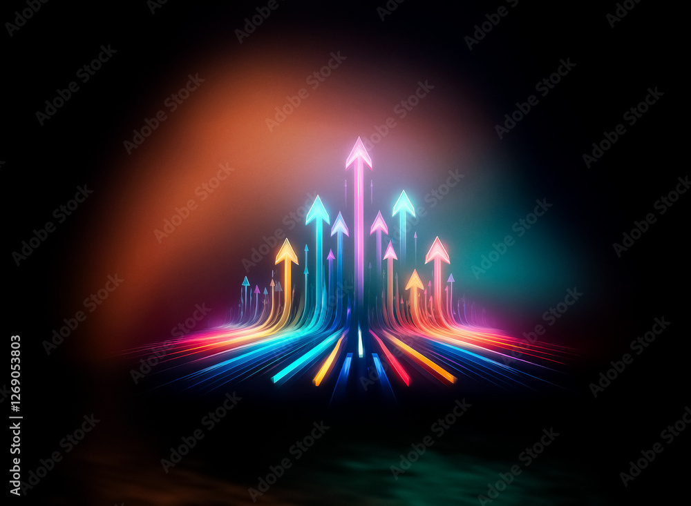 Poster A cluster of bright, neon-colored arrows point upwards against a dark background.  The arrows are arranged in a pattern of converging lines that suggest growth, progress, and ambition.