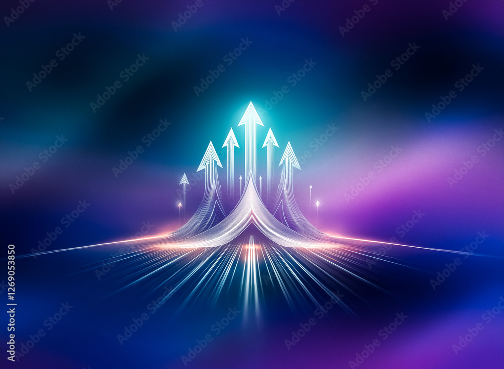 Poster multiple glowing arrows point upwards from a glowing road in the dark.