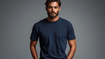 Obraz premium Casual portrait of a man in a navy t-shirt against a neutral backdrop, showcasing modern fashion