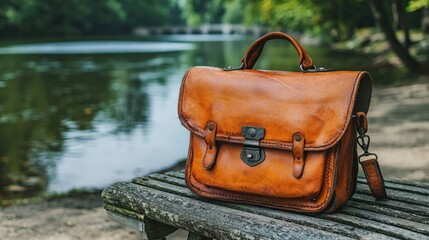 Stylish Vintage Leather Satchel on Riverside Bench in Natural Setting