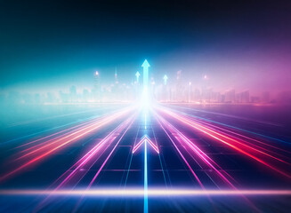 Fototapeta premium Neon arrows rise above a futuristic cityscape, glowing with vibrant streaks of light on a dark road.
