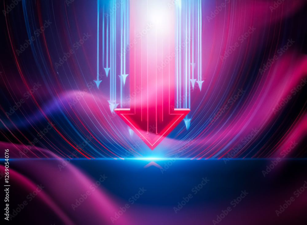 Fototapete A large red arrow pointing down, surrounded by smaller blue arrows pointing upwards.  All arrows are glowing and set against a dark background with blue and red lines.