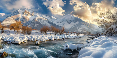 Serene Winter Wonderland with Snowy Mountains and Flowing River
