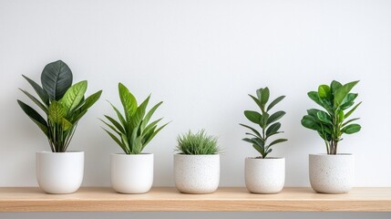 Fototapeta premium Five green potted houseplants arranged in a row on a wooden shelf against a white wall.