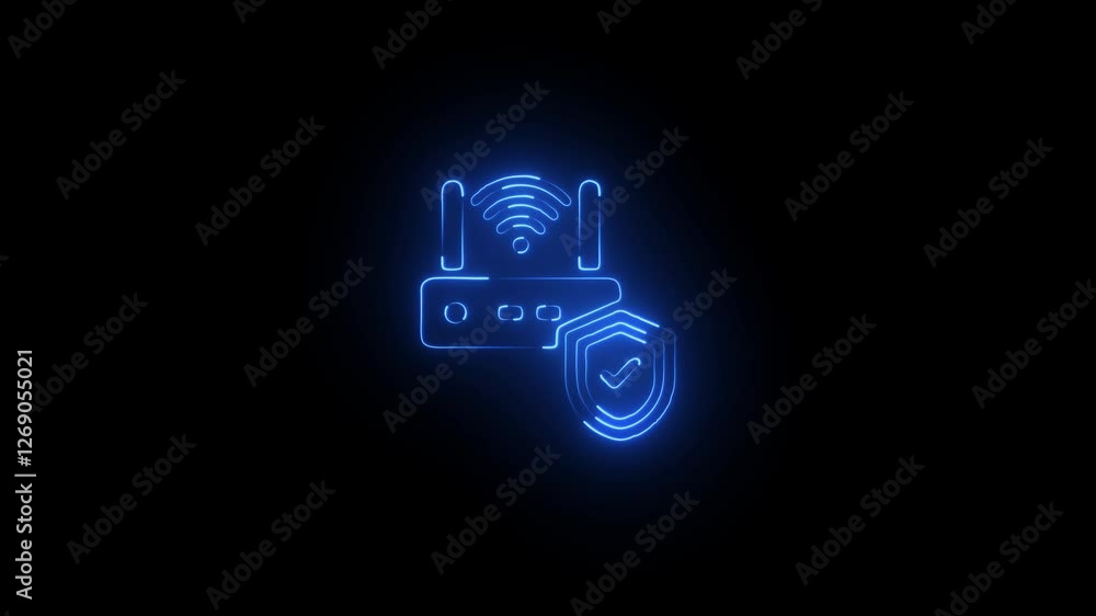 Poster glowing neon line router and wi-fi signal symbol icon isolated on a dark background. wireless ethern