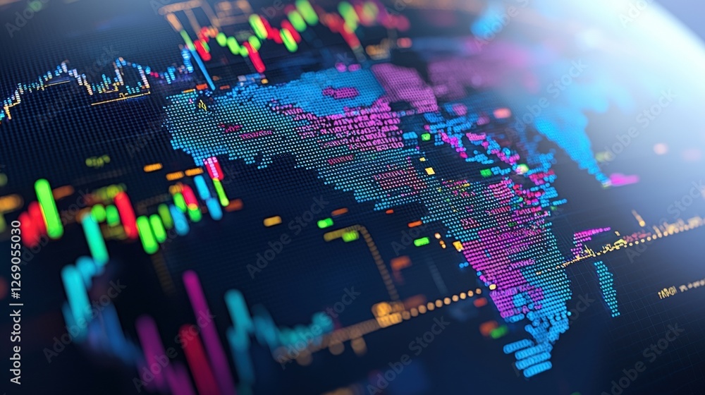 Poster a colorful digital representation of data analytics overlaid on a globe, highlighting regions with v
