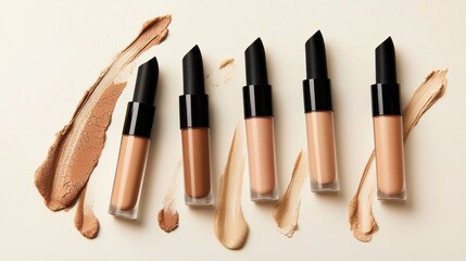 Obraz premium Five sleek tubes of liquid makeup sit on a smooth surface, showcasing a range of shades. Each concealer is paired with strokes of cream, highlighting their versatility for color correction