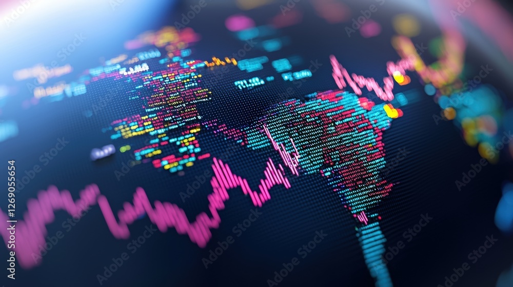 Poster a vibrant digital representation of the world, showcasing data patterns and financial trends with co