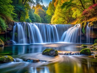 Minimalist Cascading Waterfall Flowing into Calm River - Serene Nature Scene
