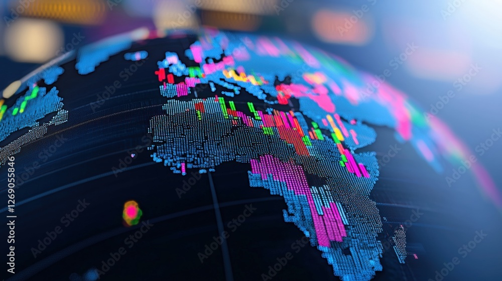 Poster a colorful digital depiction of a globe, showcasing vibrant data points that represent global connec