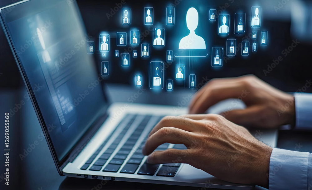 Poster person using laptop with digital holographic icons of user profiles and data management