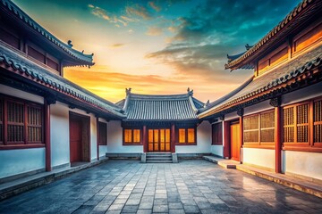 Fototapeta premium Minimalist Chinese Architecture: Serene Courtyard & Ancient Gable Roof
