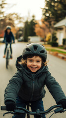 Parent guides child learning to ride a bicycle on a sunny autumn day in the neighborhood